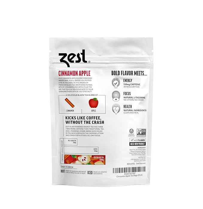 Zest Energy Tea - Cinnamon Apple Spice High Caffeine Black Tea Loose Leaf Blend - Caffeinated Coffee Altnernative/Substitute - Natural, Non-GMO & Keto Friendly - Hot or Iced - 50 Servings - 150mg Caf
