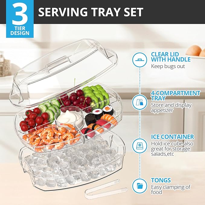 Ice Chilled Party Platter - 15'' Divided Serving Tray with Lid and 4 Compartments, Clear Fruit Trays for Serving for Party, Ideal Cold Chilled Serving Trays for Parties, Shrimp Cocktail, Etc