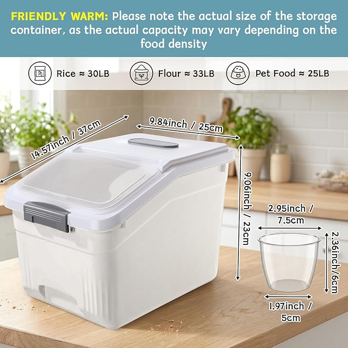 Blushtier 4 Pack Large Rice Storage Containers 30 Lbs Airtight Flour Container with Seal Locking Lid and Measuring Cup Kitchen Dry Food Storage Bins for Cereal Sugar Beans (Creamy White)