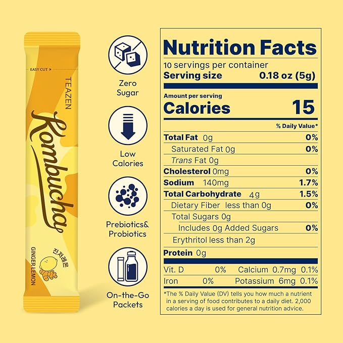 TEAZEN Lemon Ginger Hot Kombucha Tea, Spice Tea, Live Probiotics & Postbiotics, Relaxation and Warmth for Colds and Sore Throat, Hydration Drink Mix, Sugar Free, On-the-Go 10 Packets, 1.76oz