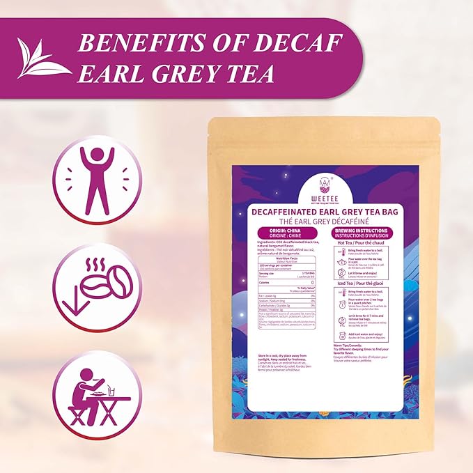 WT WEETEE Decaf Earl Grey Tea Bags, 100 Count CO2-Decaffeinated Black Tea Flavored with Bergamot Orange, Smooth & Refreshing, Drink All Day
