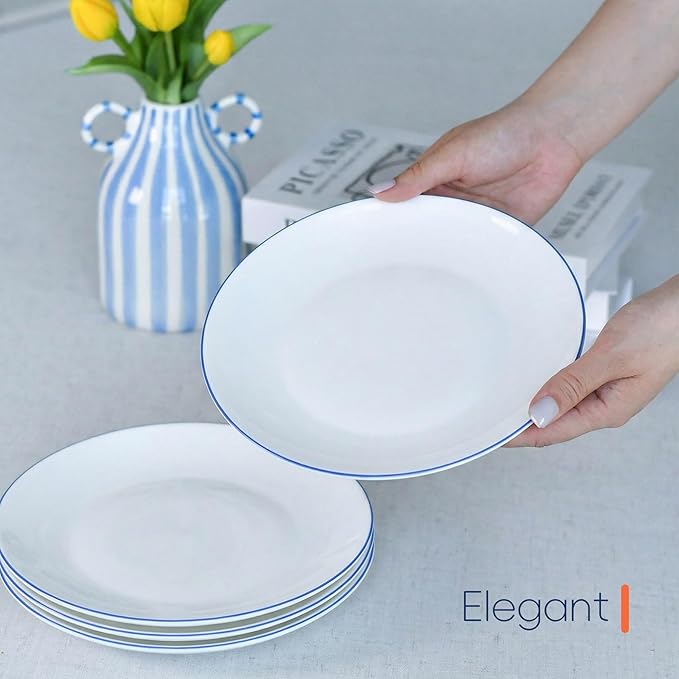 LaGlint 8.5 inch Salad Plate Set of 6, Lightweight Opal Glass Round White Plates for Appetizer Dessert Kitchen, Dishwasher and Microwave Safe, Hand Painted Navy Blue Rim