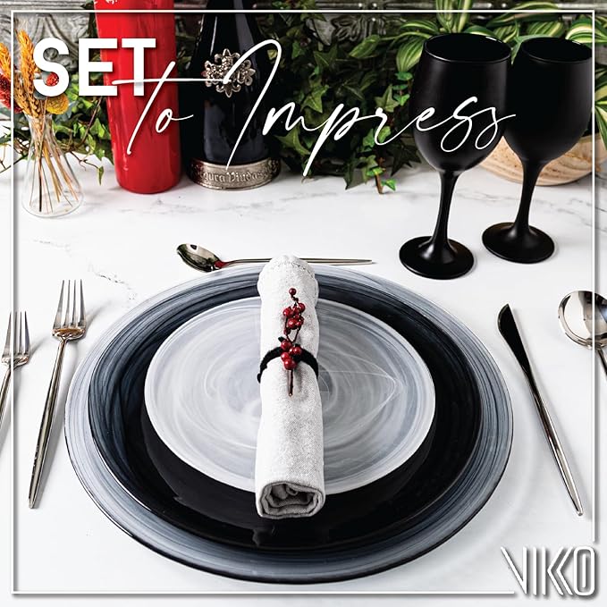 Vikko Lunch Plates, Set of 4 White Alabaster Plates, 8.5" Plate with Marbelized, Swirl Design, Elegant Glass Entrée Plate, Dishwasher Safe