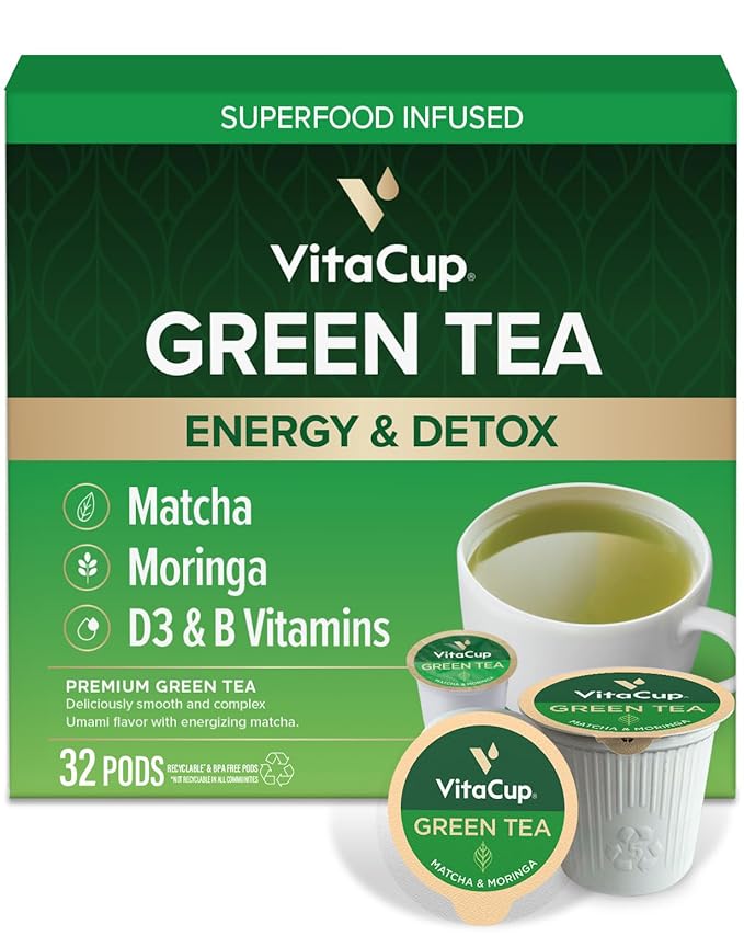 VitaCup Green Tea Pods, Enhance Energy & Detox with Matcha, Moringa, B Vitamins, D3, Keto, Paleo, Vegan, Single Serve Pod, Compatible with Keurig K-Cup Brewers,32 Ct