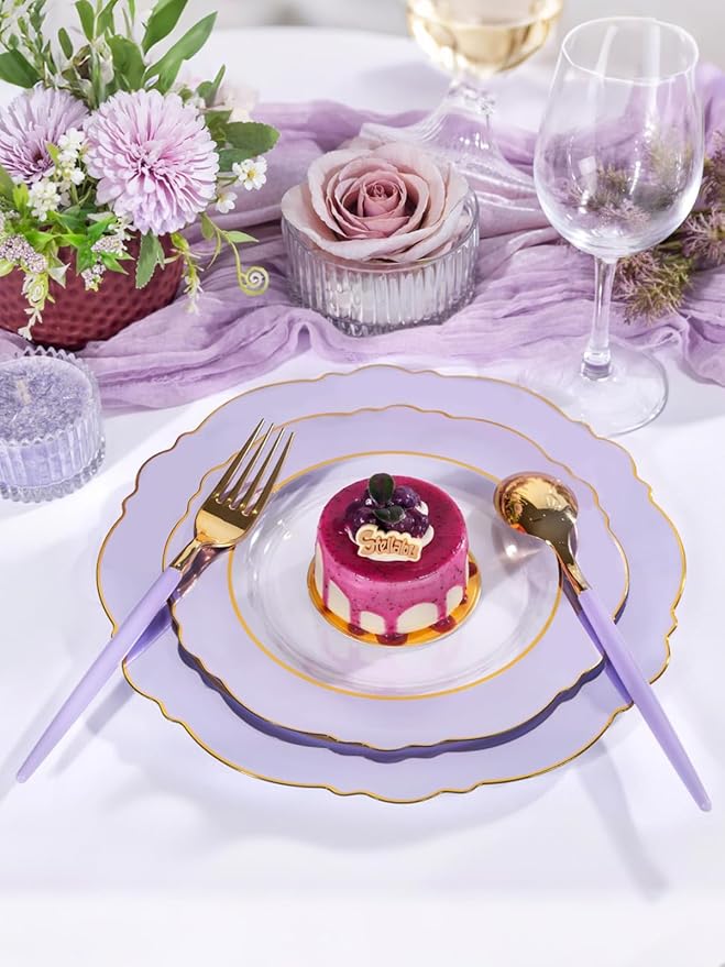 WDF 60pcs Clear Purple Plates Disposable with Gold Rim - Baroque Lavender Purple Plastic Plates for Party/Wedding/Spring/Picnic