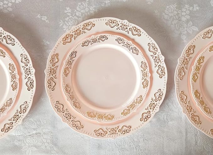 " OCCASIONS " 240 Plates Pack,(120 Guests) Vintage Wedding Party Disposable Plastic Plates Set-120x10.25'' Dinner +120x7.5'' Salad/Dessert Plate (Portofino Light Pink/Blush & Gold)