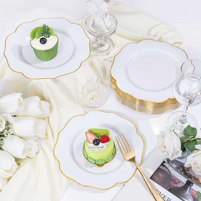 bUCLA 48Pieces Gold Plastic Dessert Plates Disposable - 7.5inch Premium Hard White with Gold Rim Plastic Salad/Appetizer/Small Cake Plate for Thanksgiving&Party