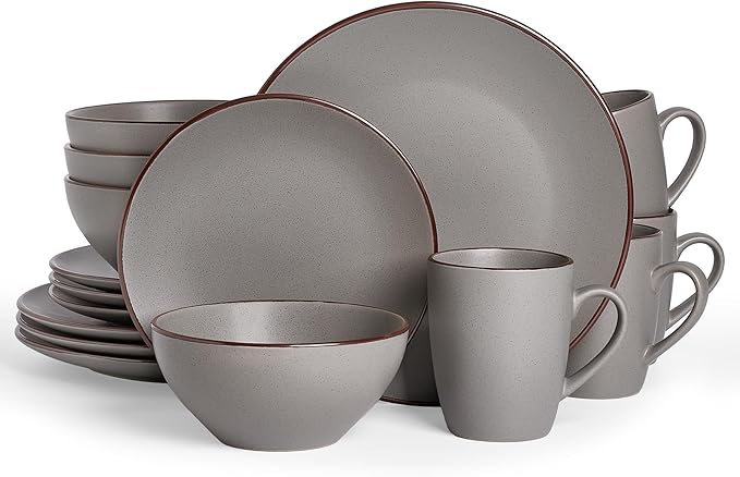 Famiware Venus 16-Piece Stoneware Dinnerware Sets with Mugs, Plates, Bowls, Service for 4, Matte Dark Gray - Modern Ceramic Chip‑Resistant Dishes for Everyday & Formal Use, Microwave & Dishwasher Safe