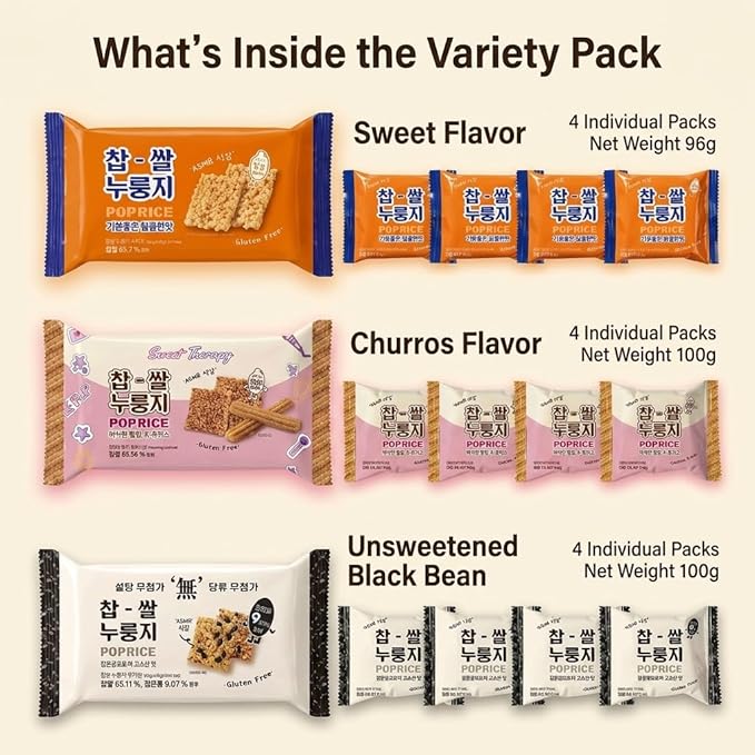 Korean Pop Rice Crackers Variety Pack (찹쌀누룽지 Mix Set) – 3 Flavor Sampler: Black Bean Unsweetened, Sweet Churro, & Original Sweet – Crispy Glutinous Rice Snack, ASMR Texture, Individually Packed (3-Flavor Variety Mix Nurungji Pop - 10.4oz (296g))