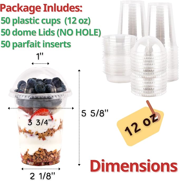 Aatriet 12 oz Clear Plastic Parfait Cups with Insert 3.25oz & Dome Lids No Hole - (50 Sets) Yogurt Fruit Parfait Cups for Kids, for Dips and Veggies, Take Away Breakfast and Snacks. No Leaking