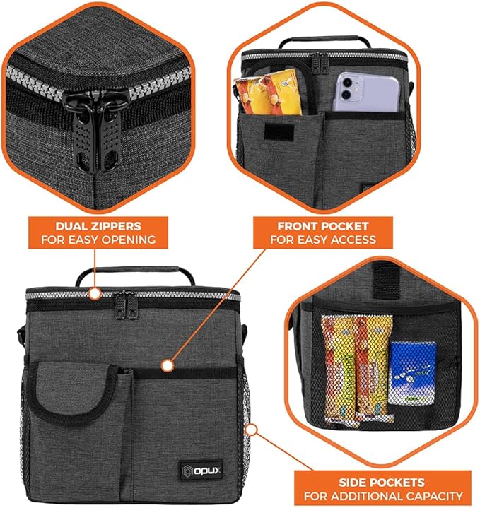 opux Insulated Lunch Box for Men Women Kids, Leakproof Reusable Lunch Bag Cooler for Work School Office, Soft Thermal Lunchbox Tote Shoulder Strap for Boys Girls Adults, Heather Charcoal, 18 Can/10L