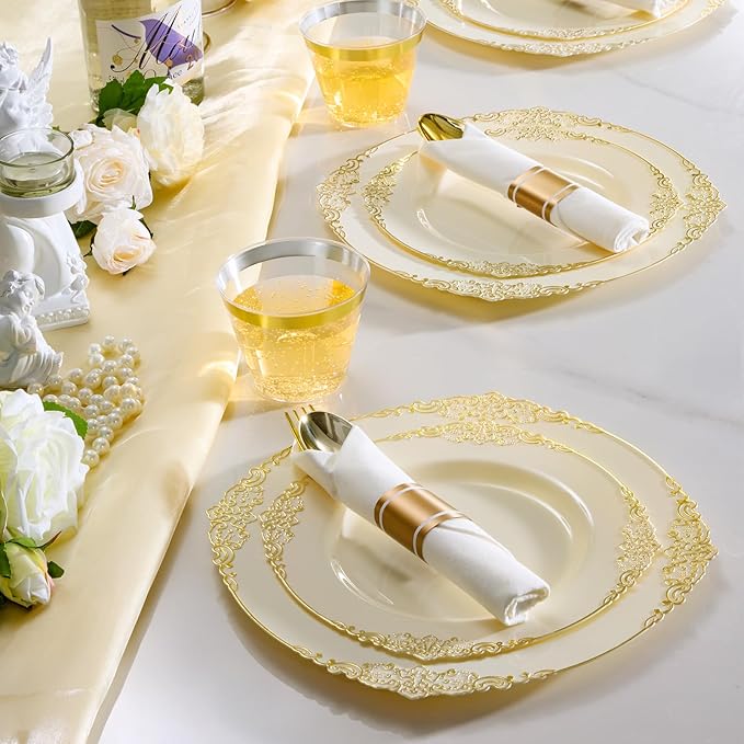 Bestluck 175PCS Ivory Plastic Plates for 25 Guests Disposable Dinnerware Sets Include 50 Plastic Plates, 25 Silverwares, 25 Cups, and 25 Pre Rolled Napkins for Party, Wedding and Graduation