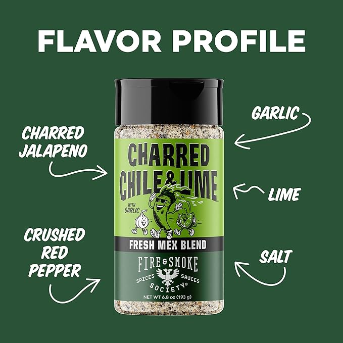 Fire & Smoke Society Charred Chile & Lime Mexican Seasoning | Jalapeno Peppers, Garlic, Salt and Lime | Grilled Chicken, Fish, Flank Steak, Shrimp, Potatoes, Avocados | M 6.8 oz