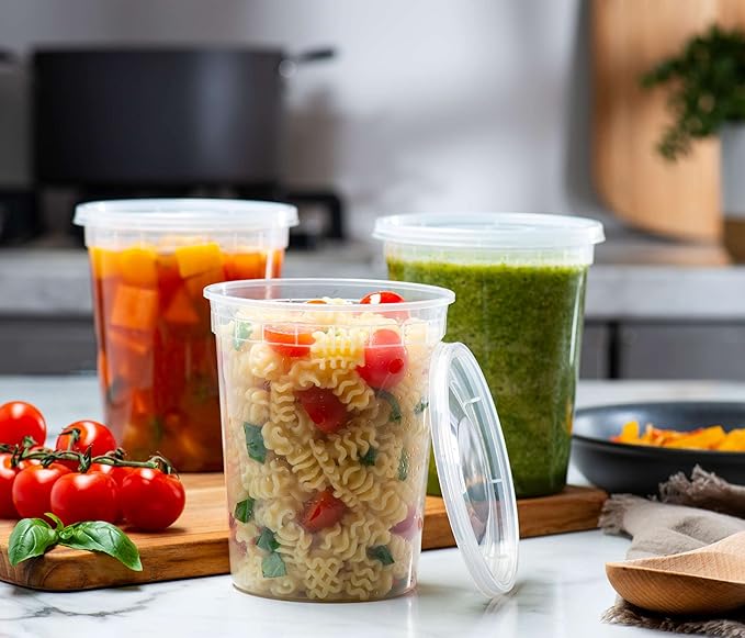 Elegant Disposables 32 OZ - 24 Sets Plastic Deli Food Storage Containers with Airtight Flexible Lids Microwavable, Leak Free, Washable, Freezer Safe.