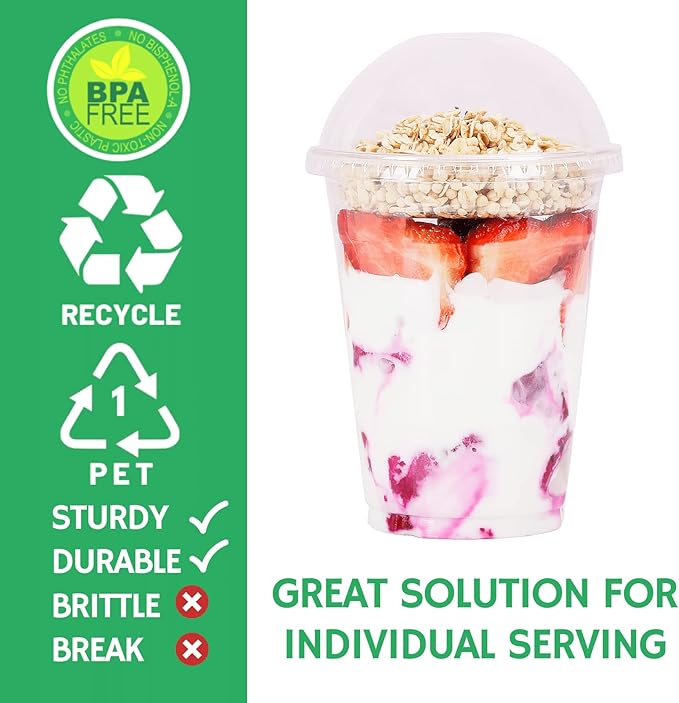 Aatriet 16 oz Clear Plastic Parfait Cups with Insert 4oz & Dome Lids No Hole - (50 Sets) Yogurt Fruit Parfait Cups for Dips and Veggies, Take Away Breakfast and Snacks. No Leaking