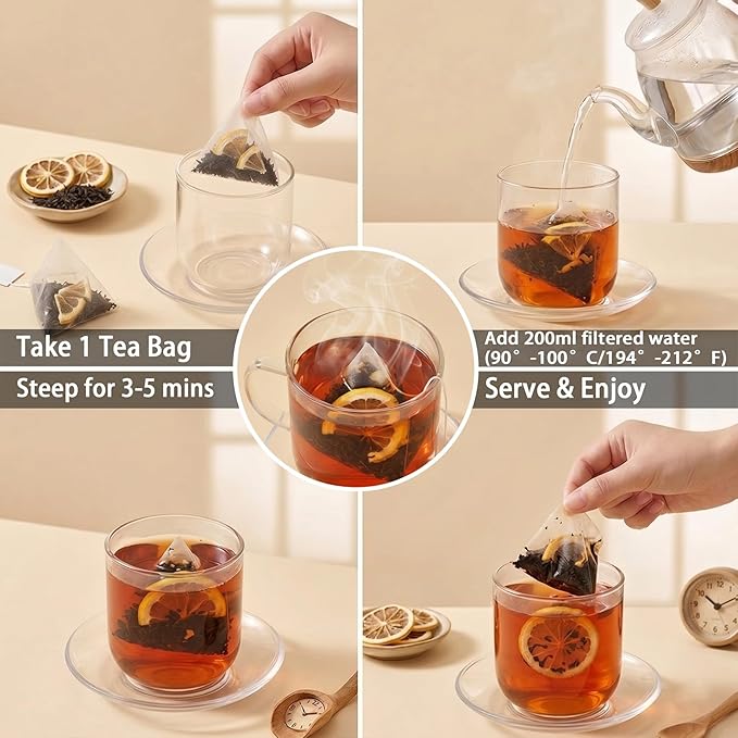 Lemon Black Tea Bags, 20 Pyramid Tea Sachets. Zesty Citrus Flavored Black Tea, Individually Wrapped. Caffeinated Tea for Hot or Iced Brew