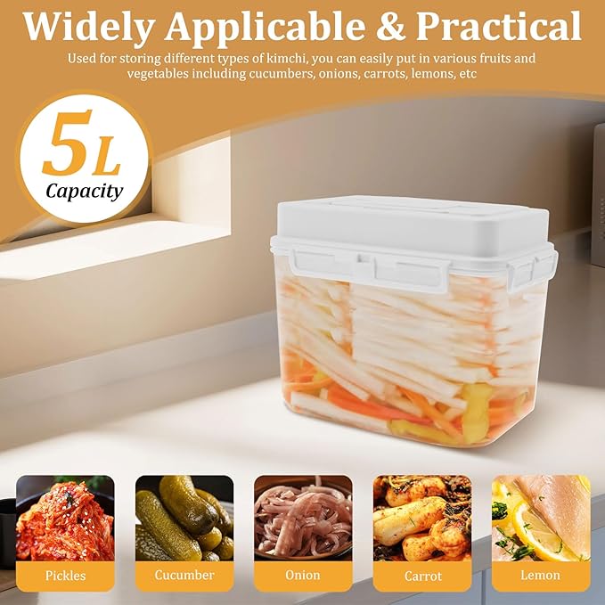 Press Plate Leakproof Airtight Pickle Kimchi Container, Press Plastic Fermentation Container, 5L Food Storage Box w Hidden Handle, Portable Mason Jar, Clear Sauerkraut Press Container for Home Kitchen