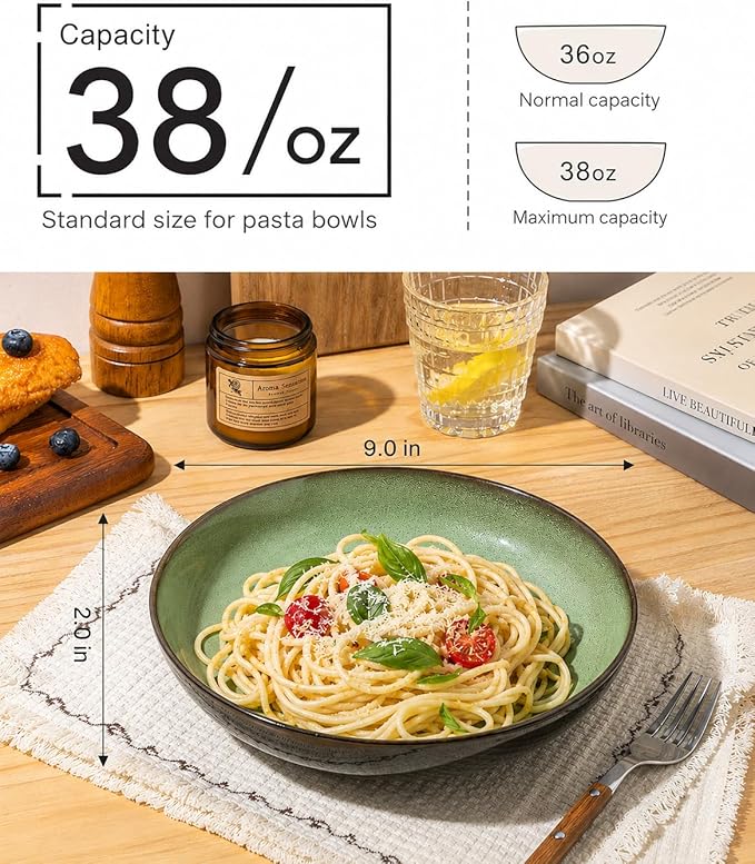 LERATIO Large Pasta Bowls,38oz Ceramic Pasta Bowls,9.0" Reactive Glaze Pasta Bowl Set of 6,Microwave & Dishwasher,Oven Safe,Wide Serving Bowls for Salad,Pasta,Fruit,Scratch Resistant-Light Blue