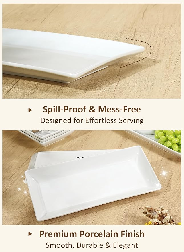 Porcelain Rectangular Dinner Platters, 9.75 Inch Rectangle Serving Plates for Sushi, Snacks, Cake, Meat & Appetizers, Set of 4, Elegant White Design