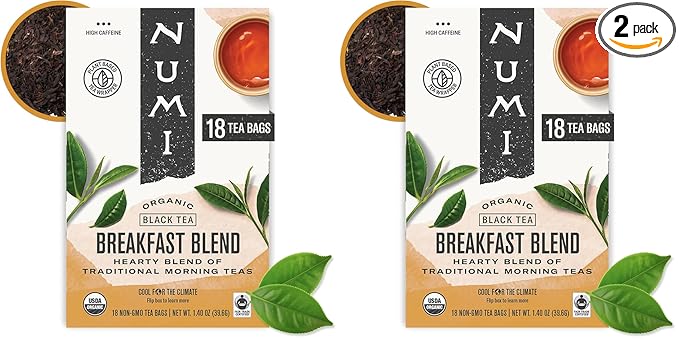 Numi Organic Tea Breakfast Blend, 18 Count Box of Tea Bags, Black Tea (Packaging May Vary) (Pack of 2)