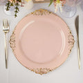 Efavormart 10 Pack | 10" Blush Rose and Gold Baroque Dinner Plates, Leaf Embossed Metallic Rim Heavy Duty Serving Plates for Boutique Weddings