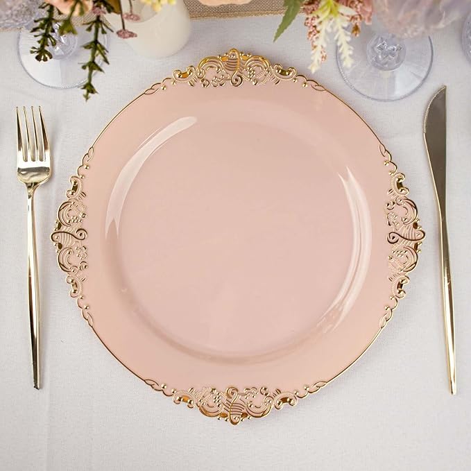 Efavormart 10 Pack | 10" Blush Rose and Gold Baroque Dinner Plates, Leaf Embossed Metallic Rim Heavy Duty Serving Plates for Boutique Weddings
