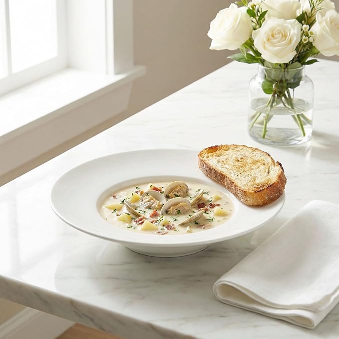 Ceramics Rimmed Soup Bowls 8.5 oz, White 10.4 inch Exquisite small soup plate Set of 4, Pasta plates With Rim is the best choice for hotels, kitchens, fine restaurants and gourmets