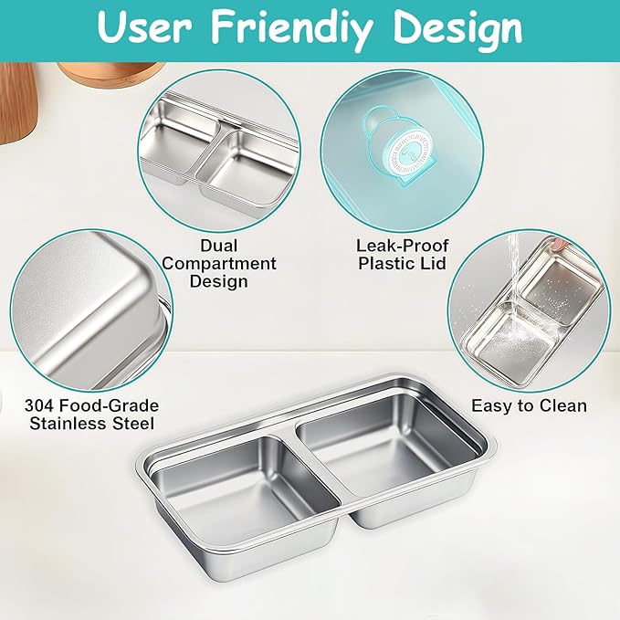 4Pcs 304 Stainless Steel Bento Boxes, 2 Compartments Portable Food Storage Containers Snack Boxes with Lids, Divided Meal Prep Lunch Box Food Container Dishwasher Safe