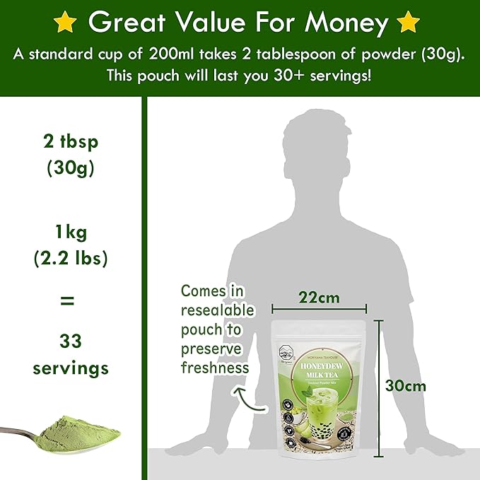 Honeydew Bubble Milk Tea Instant 3in1 Powder Mix -1kg (33 Drinks) | For Boba Tea, Milkshake, Blended Frappe and Bakery | Authentic Taiwan Recipe | Zero Trans Fat, No Preservatives by Moriyama Teahouse