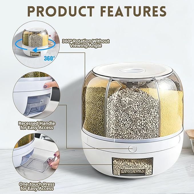 Grain Storage Container Dispenser, 6 Grids Rice Dispenser Rotating, 360° Rotating Food Dispenser One-Click Output Rice Storage Round Grain Dispenser Kitchen for Small Grains, Beans, Rice