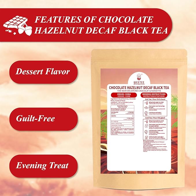 WT WEETEE Chocolate Hazelnut Decaf Black Tea Bags 50 Count, No Sugar, Nut-Free, Flavored CO₂ Decaffeinated Black Tea, Rich & Smooth Gourmet Dessert Tea