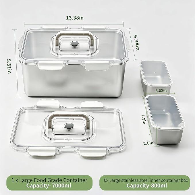 Extra Large 304 Stainless Steel Food Storage with 6 Divided Compartments & Individual Lids–240oz Meal Prep Container for Roasting Turkey, Bread, Fruits–Oven Safe, BPA Free, Dishwasher Safe