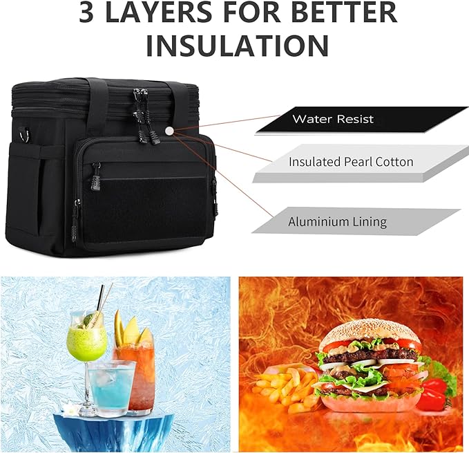 Gafetrey Large Tactical Lunch Box for Men, Insulated Lunch Bag Adult, Thermal Lunchbox Leakproof Waterproof Cooler Bag, Dual Compartment Lunch tote, Large Lunch Pail for Office Camping (Black) 24L