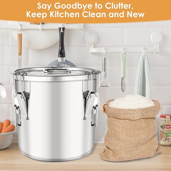 304 Stainless Steel Food Containers with Lids,21L/40LBS Airtight Food Storage Containers with Lock Clips for Flour Rice Sugar Coffee Bean,Stainless Steel Food Storage Containers for Kitchen