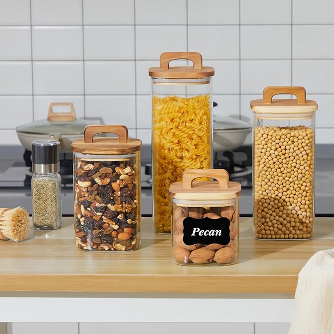 Layhit 4 Pcs Glass Food Storage Jars with Airtight Wood Lid Storage Jars Containers with Stickers Marker for Candy, Cookie, Rice, Sugar, Flour, Pasta, Nuts, 4 Size (Square)