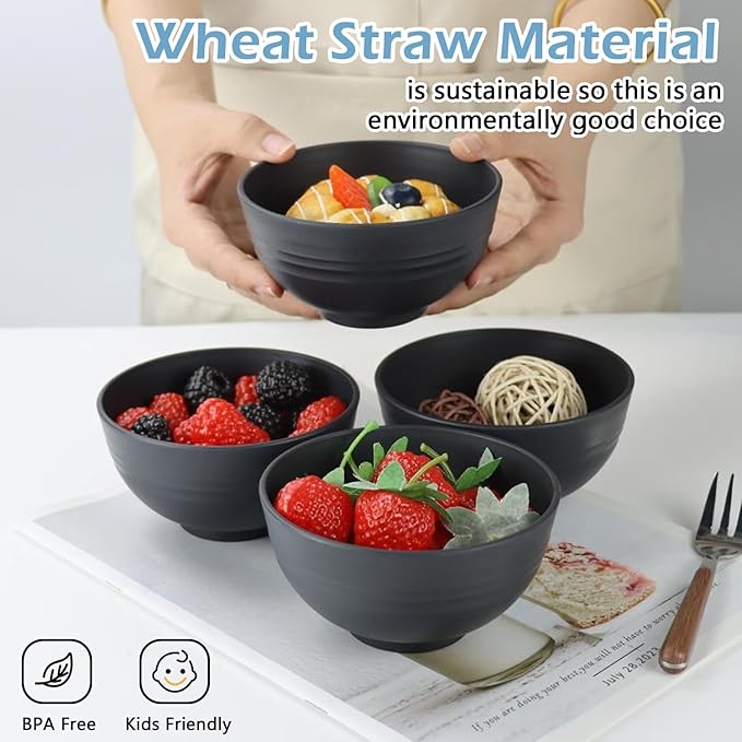 PYRMONT Unbreakable 10 OZ Bowls Wheat Straw Bowls Set of 8 Alternative Plastic Bowls Reusable Dishwasher & Microwave Safe Small Bowls for Kitchen,Camping,Small Ice Cream Bowls for Party-Black