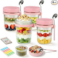 4 Pack Overnight Oats Containers with Lids and Spoons - 16 oz Glass Mason Jars with Dressing Cup, Over night Oat Jars for Meal Prep, Yogurt Parfait Cup for Chia Seed Salad (Pink)