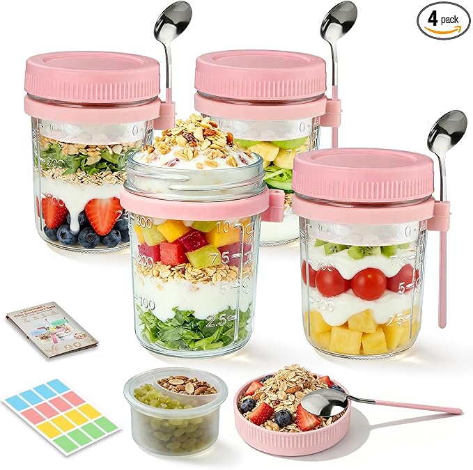 4 Pack Overnight Oats Containers with Lids and Spoons - 16 oz Glass Mason Jars with Dressing Cup, Over night Oat Jars for Meal Prep, Yogurt Parfait Cup for Chia Seed Salad (Pink)