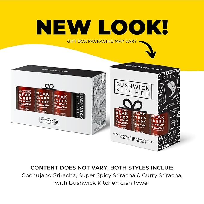 Bushwick Kitchen Sriracha Sampler Gift Box, Set Includes Gochujang Sriracha, Super Spicy Gochujang Sriracha, Curry Sriracha Hot Sauce, 5 Recipes, Chile Pepper Dish Towel, and Bushwick Kitchen Gift Box