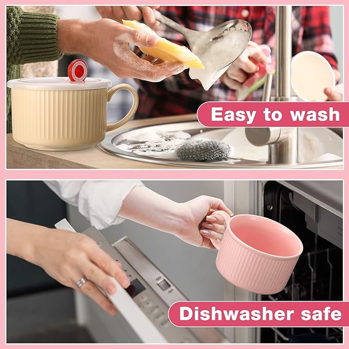 Nuenen 2 Pcs Soup Bowls with Lids and Handles 30 oz Microwave Safe Ceramic Soup Mug Microwavable Ramen Containers with Lids Large Colorful Cups for Noodle Cereal kitchen(Pink, Yellow)