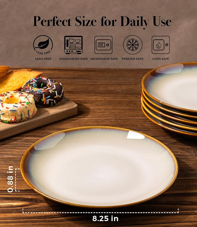 LERATIO Ceramic Dinner Plates Set of 6, 8.0 Inch Handmade Reactive Glaze Porcelain Plates, Coupe Shape Dinnerware Dishes Set for Kitchen,Oven& Microwave & Dishwasher Safe, Scratch Resistant-Kahki