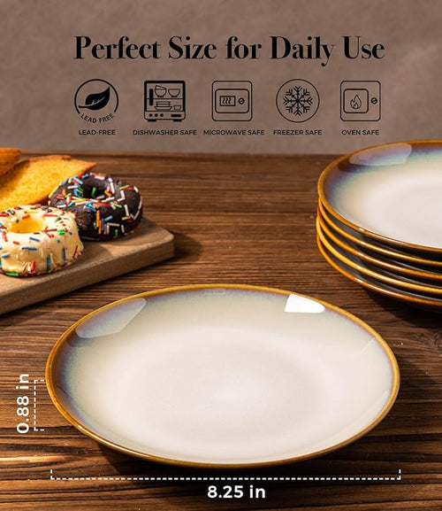 LERATIO Ceramic Dinner Plates Set of 6, 8.0 Inch Handmade Reactive Glaze Porcelain Plates, Coupe Shape Dinnerware Dishes Set for Kitchen,Oven& Microwave & Dishwasher Safe, Scratch Resistant-Kahki