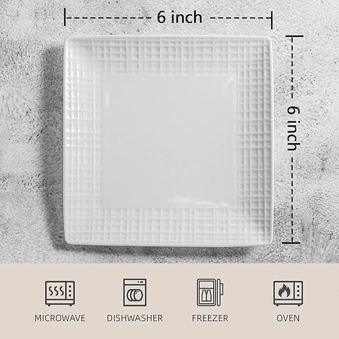 Square Dinner Plates, Set of 6, 6 Inch White Ceramic, Embossed Crisscross, Safe for Dishwasher, Microwave and Oven