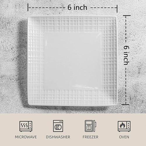 Square Dinner Plates, Set of 6, 6 Inch White Ceramic, Embossed Crisscross, Safe for Dishwasher, Microwave and Oven
