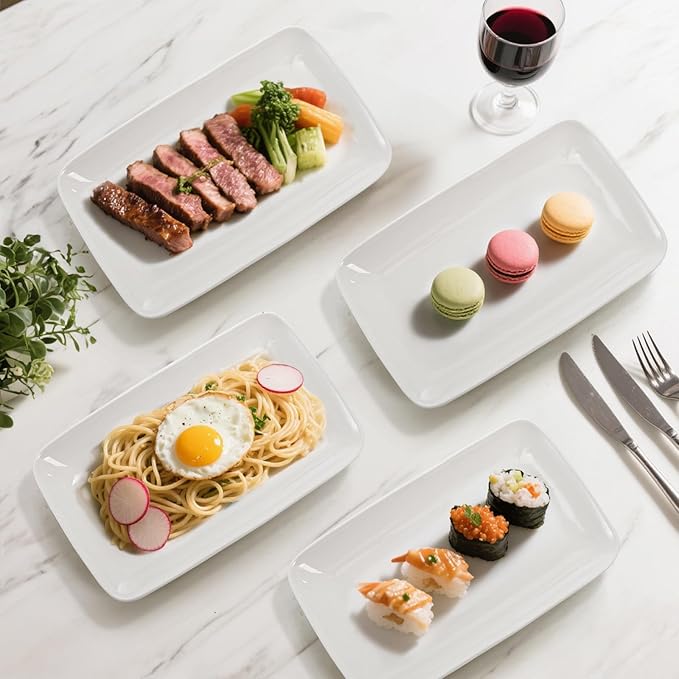 Foraineam 8 Pieces Rectangular Plates 8 Inch Porcelain Platters, Dessert, Appetizer, Salad Plates White Serving Trays