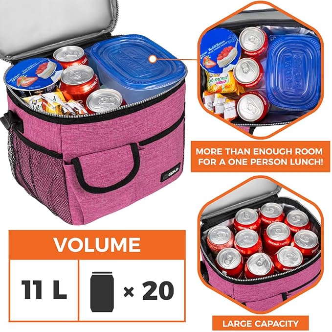 opux Insulated Lunch Box for Men Women Kids, Leakproof Reusable Lunch Bag Cooler for Work School Office, Soft Thermal Lunchbox Tote Shoulder Strap for Boys Girls Adults, Heather Pink, 18 Can/10L