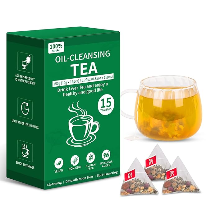Oil Reducing Tea, 100% Pure & Natural Oil Cleansing Tea with 10 Precious Ingredients Formula for Liver Detoxification, Effectively Improve Intestinal Cleansing (1 Box/15 Bags)