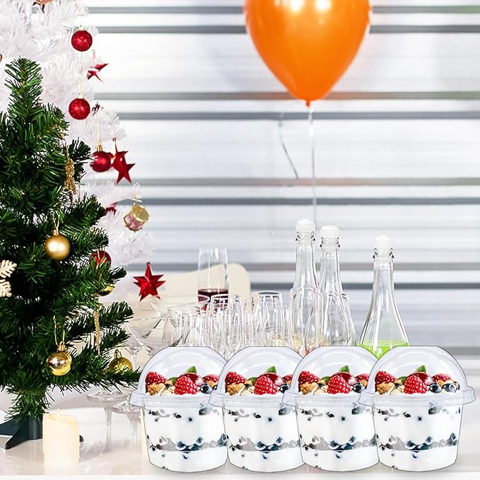 Alaeseje 100 Pack 8oz Disposable Clear Plastic Cups with Dome Lids(Hole in the Lid),PET Dessert Cups,Disposable Snack Bowls for Ice Cream,Cake,Fruit,Parfait, Pudding and Jello Shot