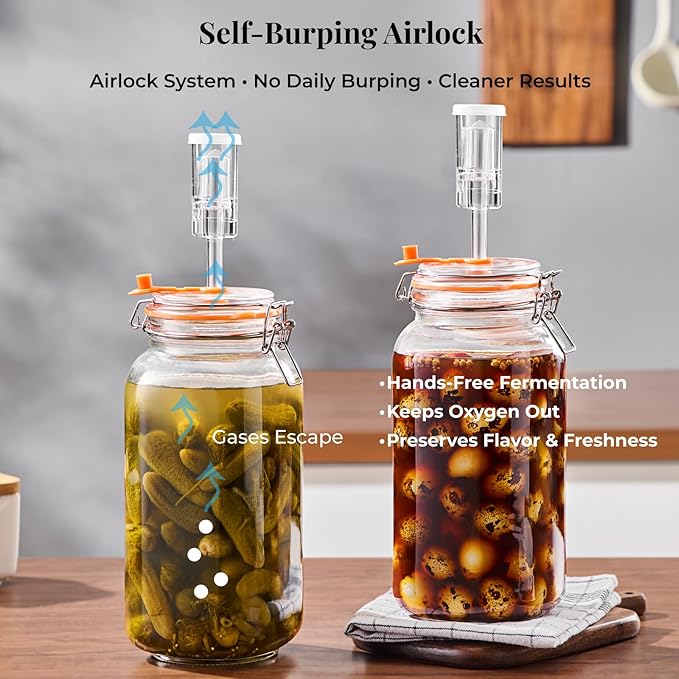 2L Wide Mouth Fermentation Jars, Pack of 2 Complete Fermenting Kit with Airlocks & Glass Weights for Sauerkraut, Kimchi & Pickles
