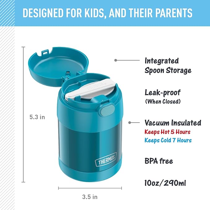THERMOS FUNTAINER 10 Ounce Stainless Steel Vacuum Insulated Kids Food Jar with Spoon, Teal